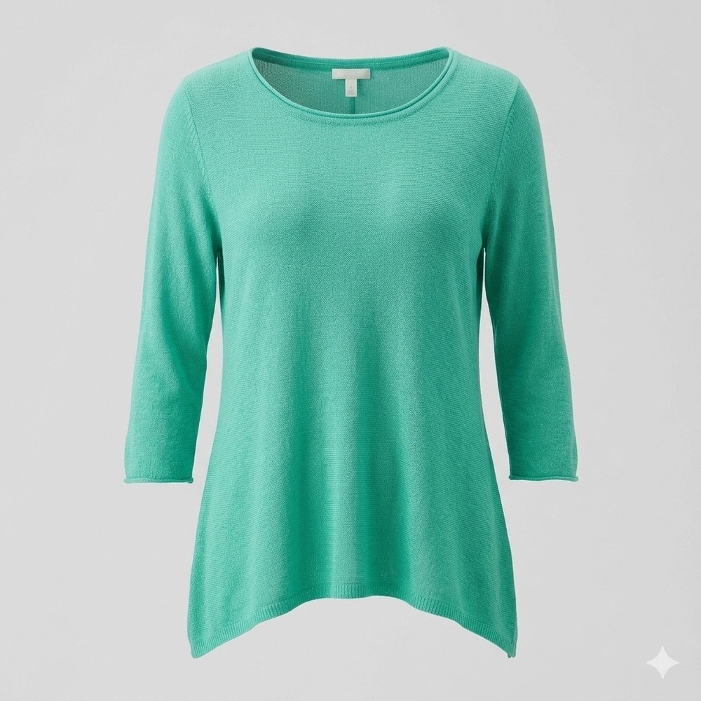 Eileen Fisher Green 100% Linen 3/4 Sleeve Asymmetrical Hem Sweater XS